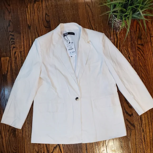 Zara Ecru Linen Blend Belted One Button Blazer - Picture 8 of 16